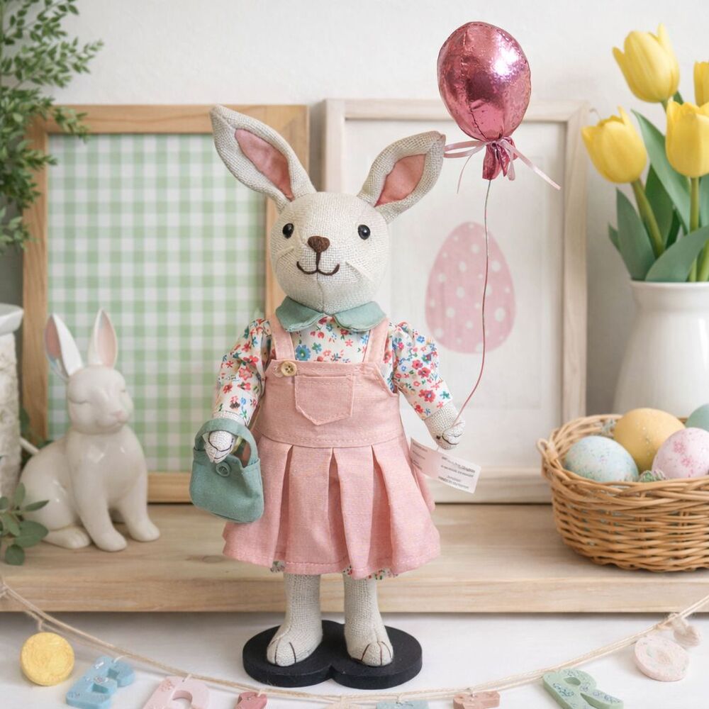 Easter Bunny Shelf Sitter Fabric Decor Figurine Classic Pink Spring Farmhouse
